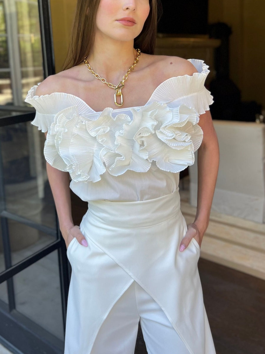 White Ruffle Cropped Peplum Top