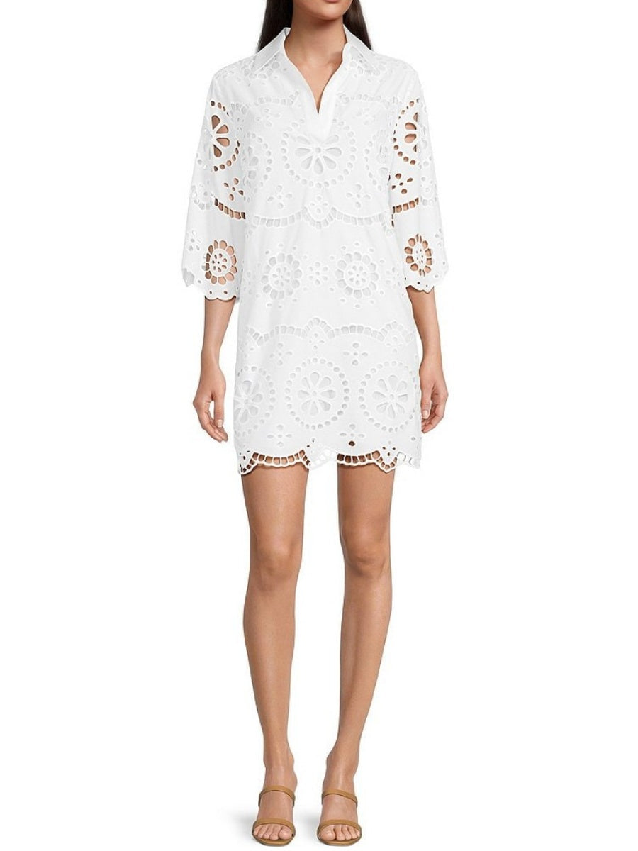 Eyelet Point Collar Split V-Neck Dress