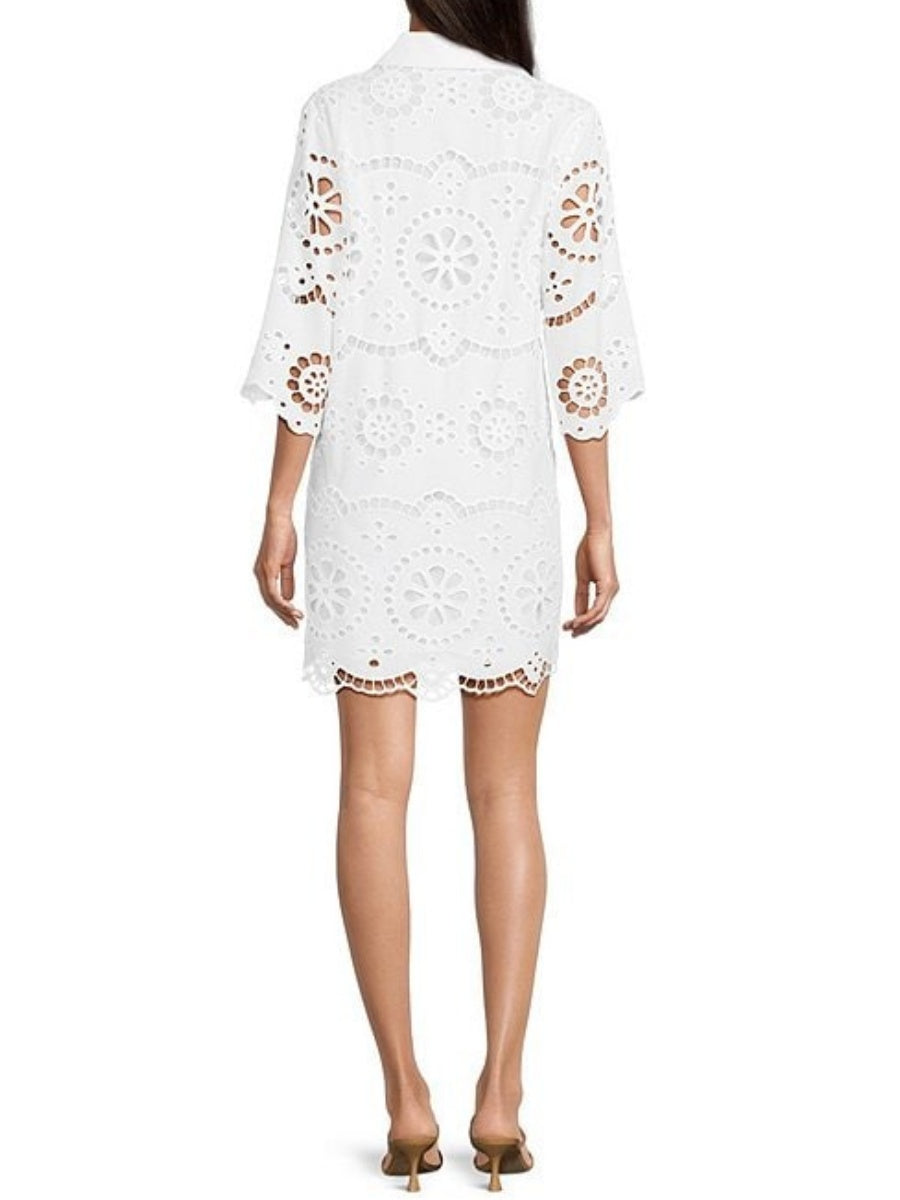 Eyelet Point Collar Split V-Neck Dress
