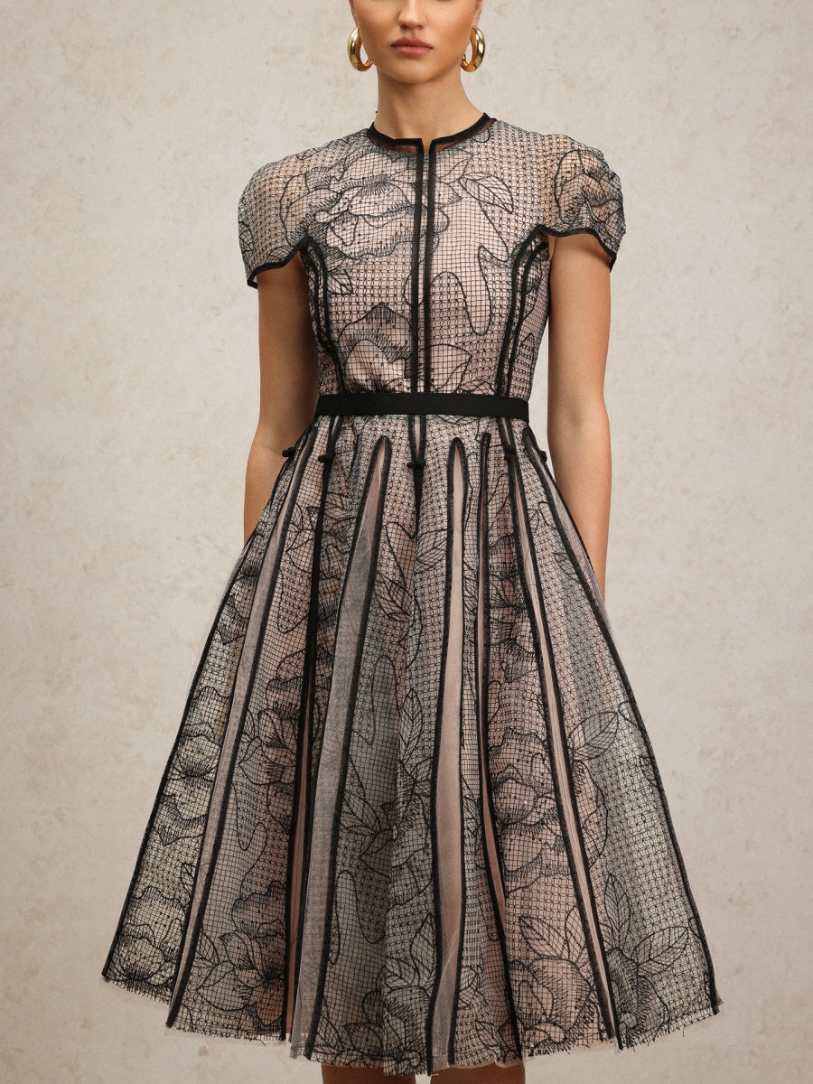 Short Sleeves Jacquard Midi Dress