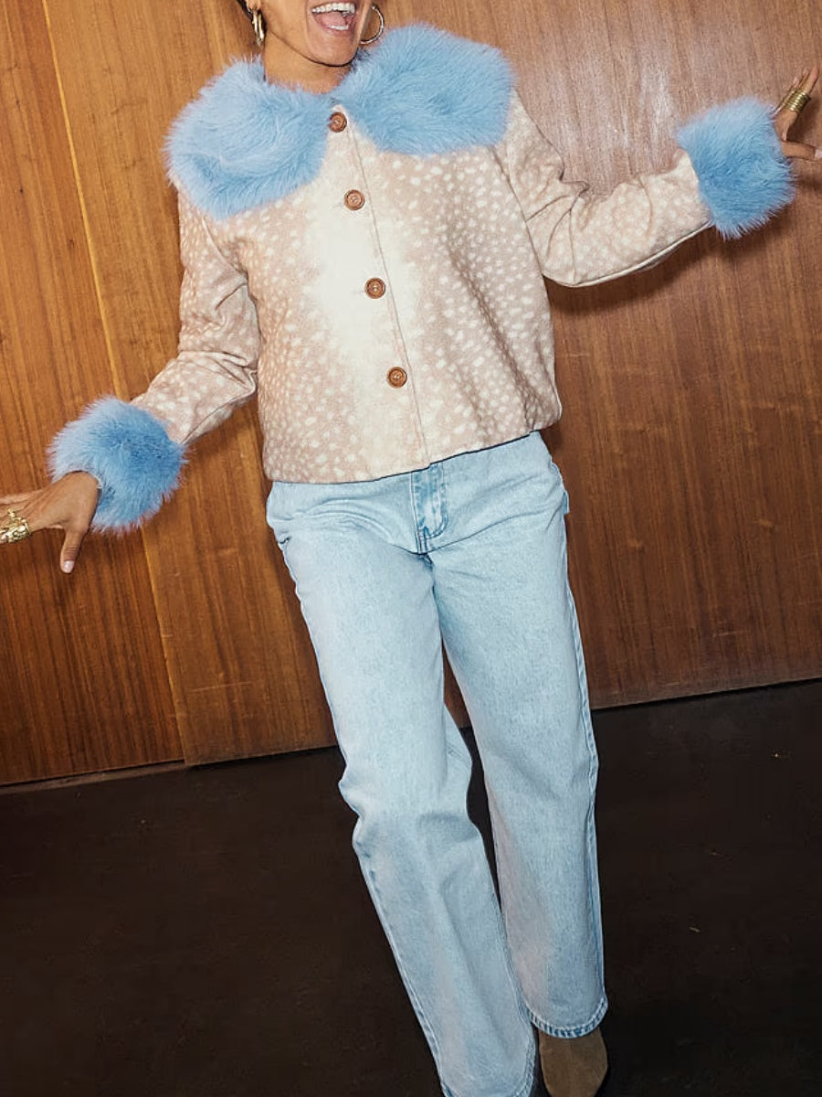 Deer Print Jacket with Blue Faux Fur Trims