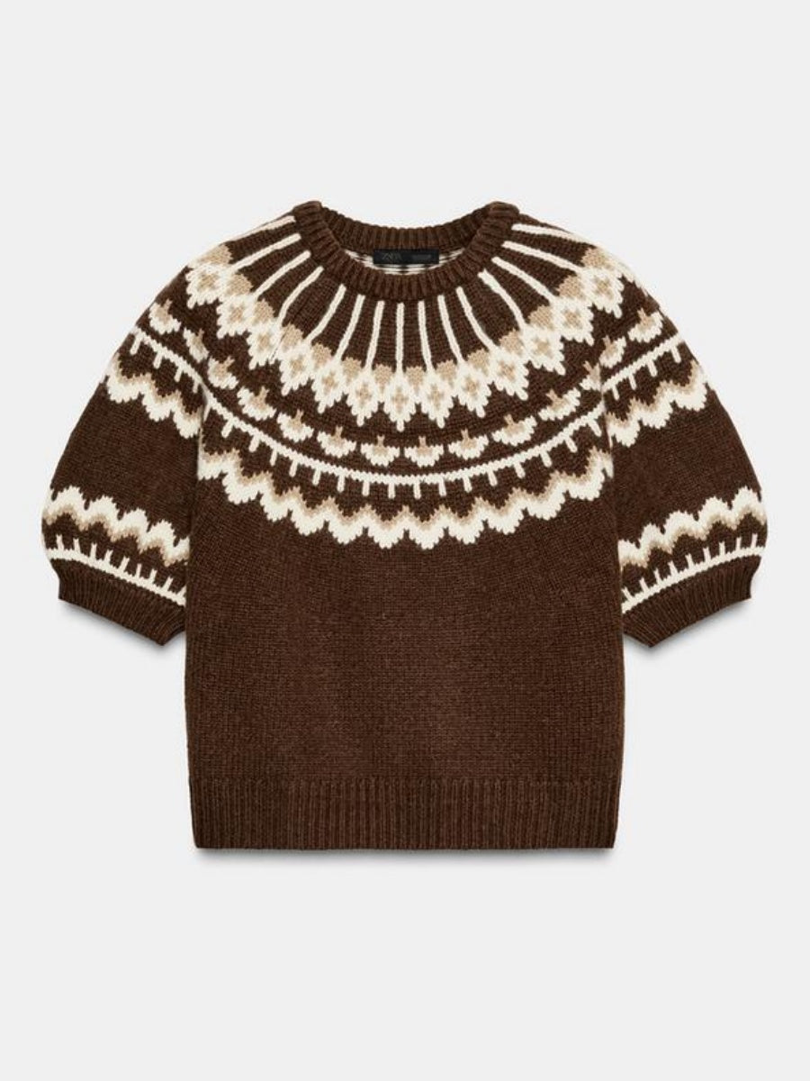 SHORT SLEEVE JACQUARD KNIT SWEATER