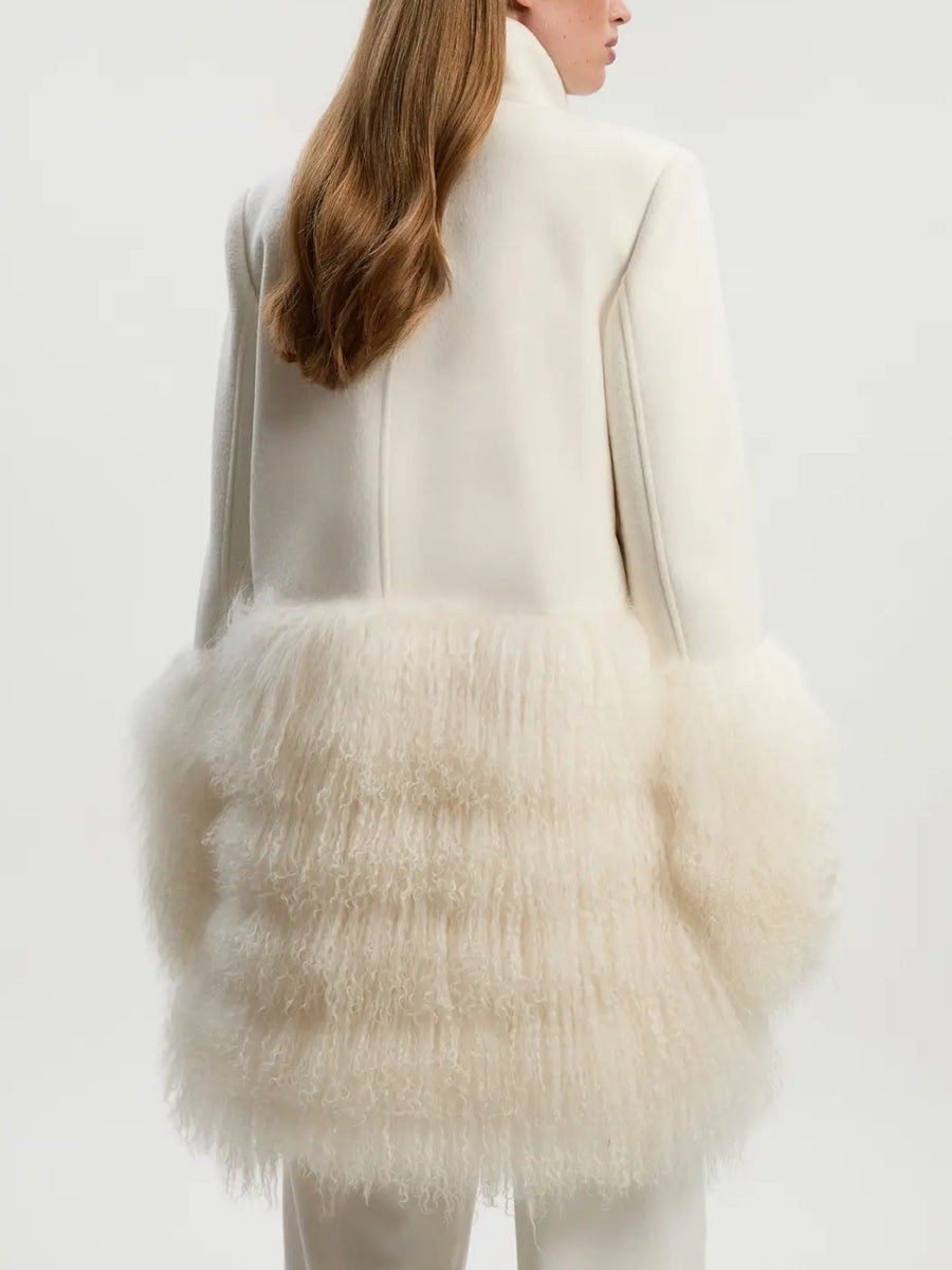 Brushed Wool And Shearling Buckle Detail Short Tailored Coat