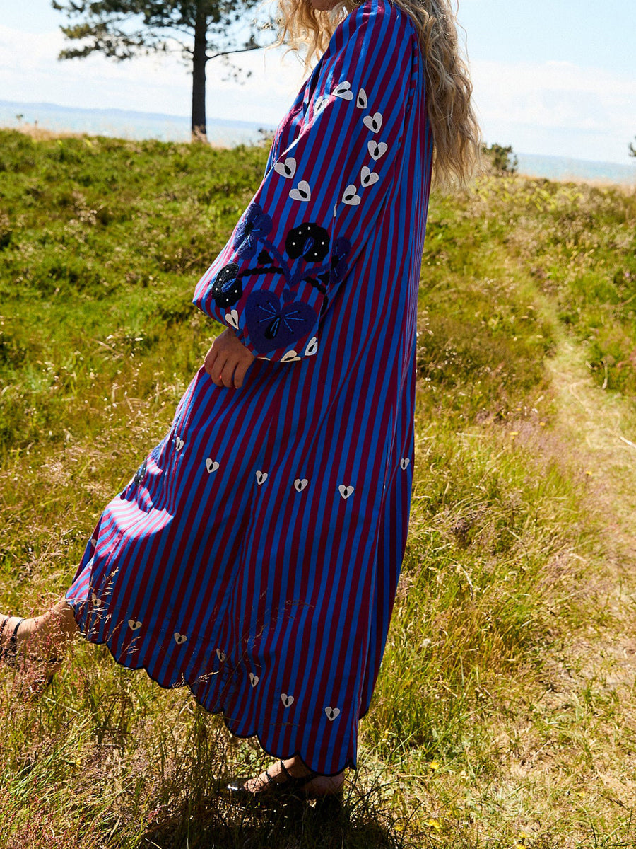 Printed Stripes V Neck Loose Maxi Dress