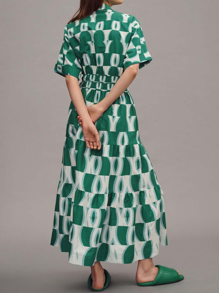 Printed V-neck Smocked Waist Maxi Dress