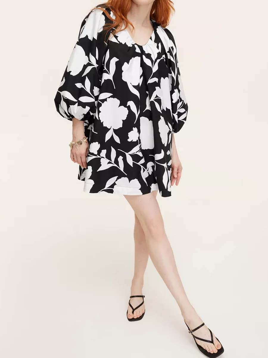 Printed V Neck Long Sleeve Mini Dress