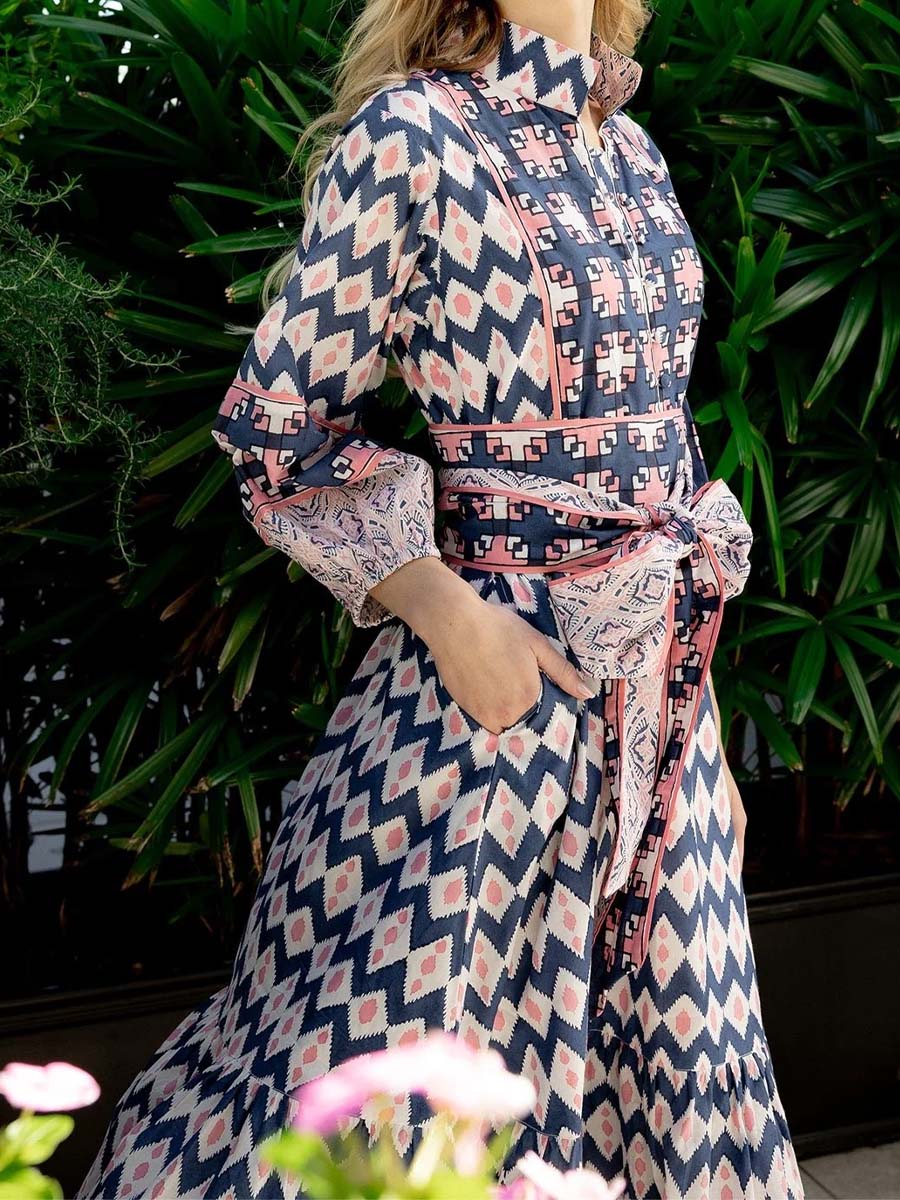 Printed Long Sleeve Belted Maxi Dress