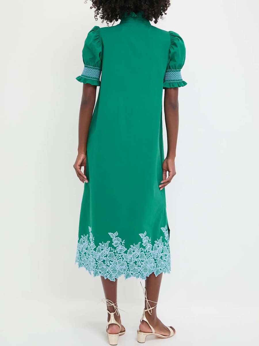 Smocked Ruffle Cuff Embroidery Midi Dress