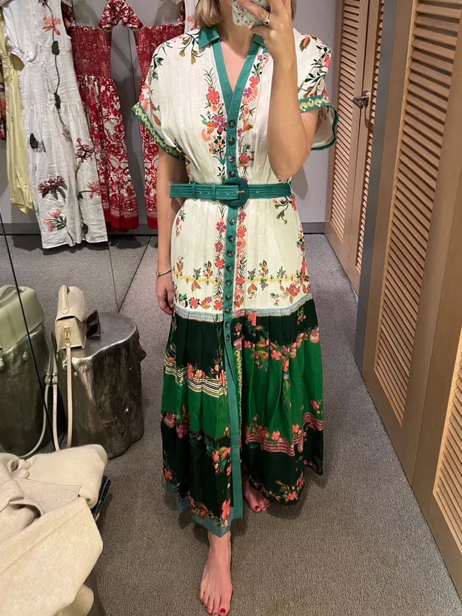Floral Print Pintucked Waist Maxi Dress