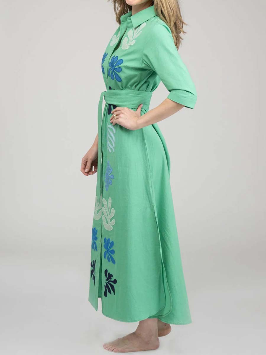 Printed Button Up Belted Dress