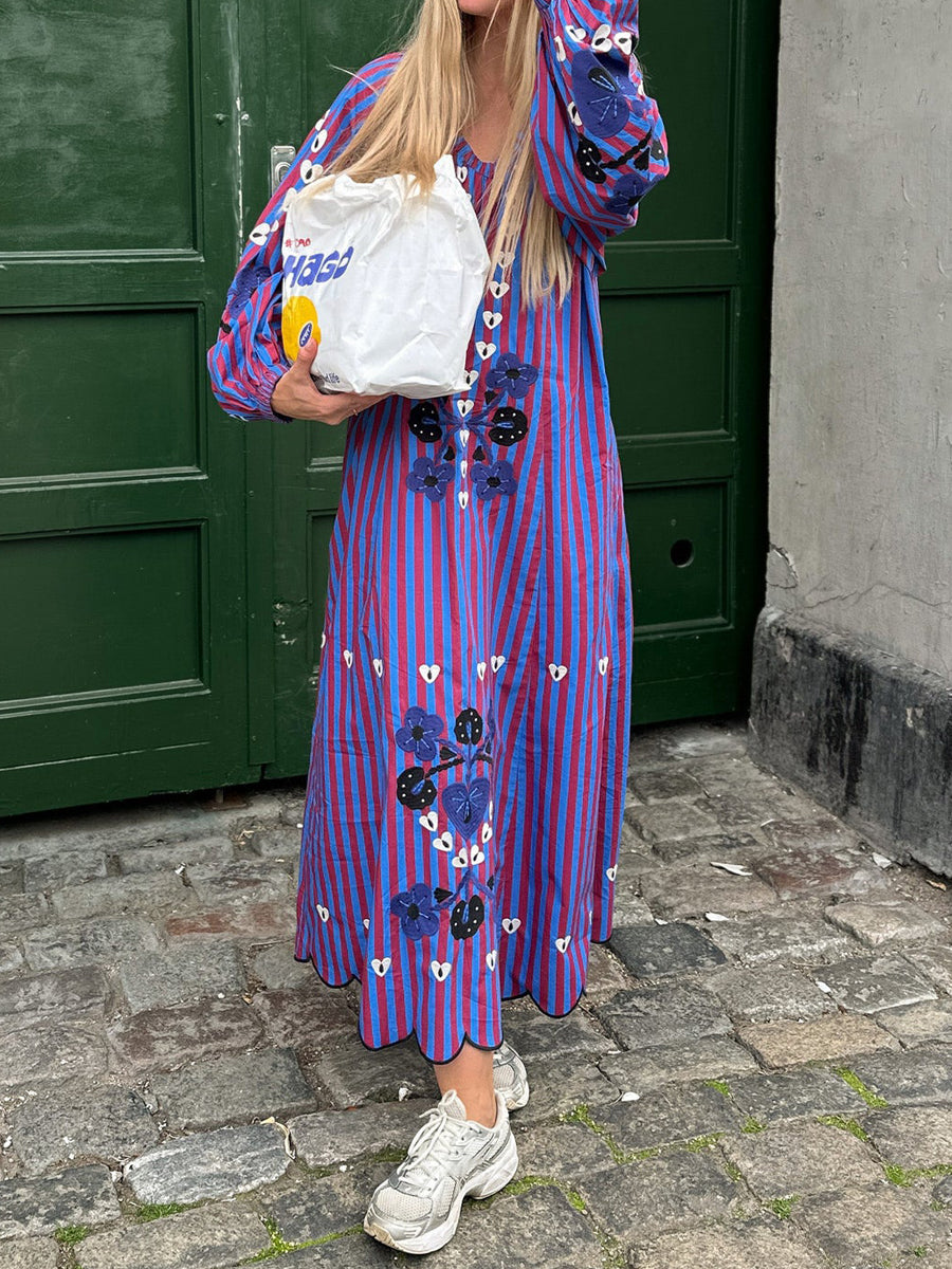Printed Stripes V Neck Loose Maxi Dress