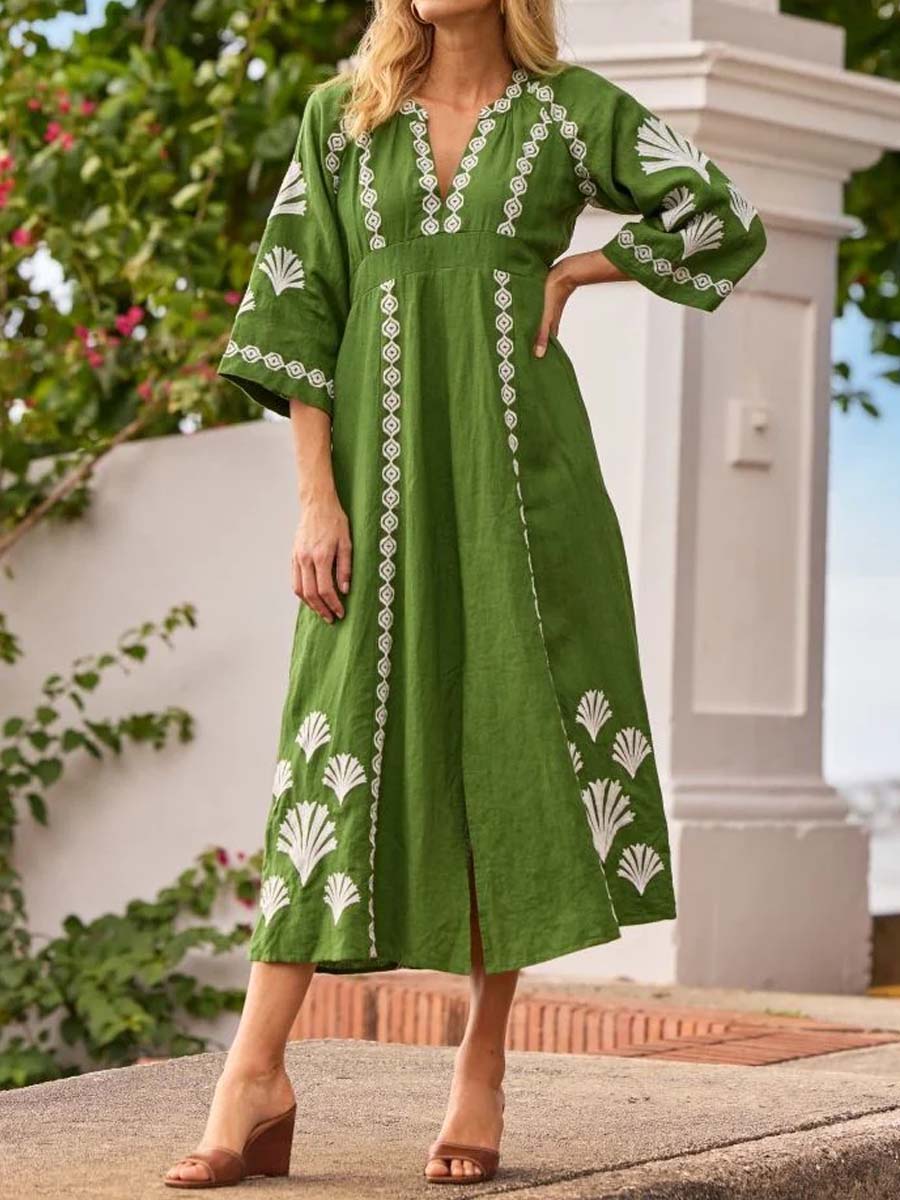 Placement Print V Neck Loose Dress