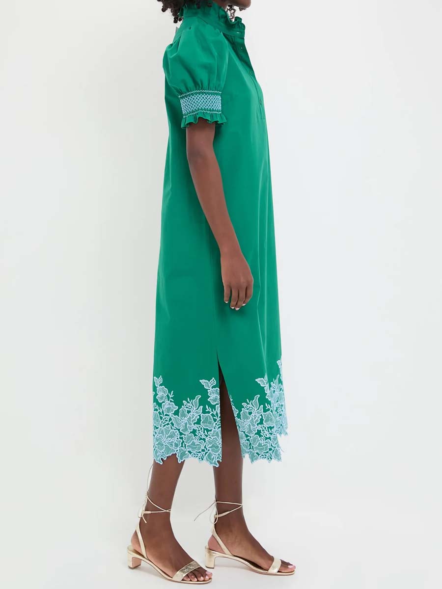 Smocked Ruffle Cuff Embroidery Midi Dress