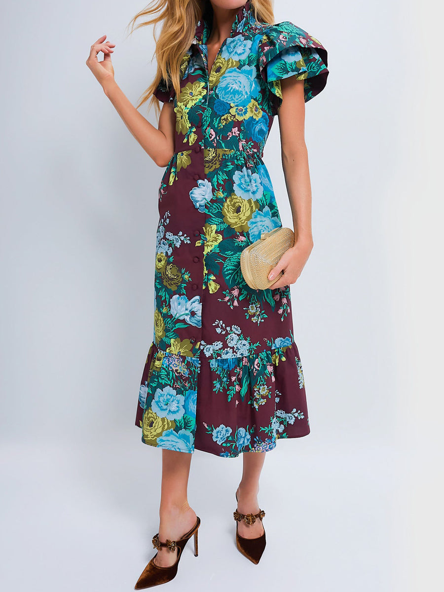 Ruffle Hem Short Ruffle Sleeve Midi Dress