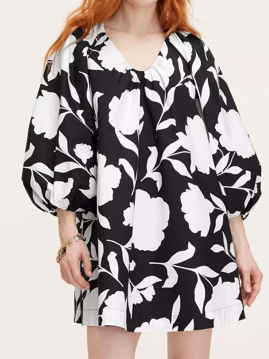 Printed V Neck Long Sleeve Mini Dress