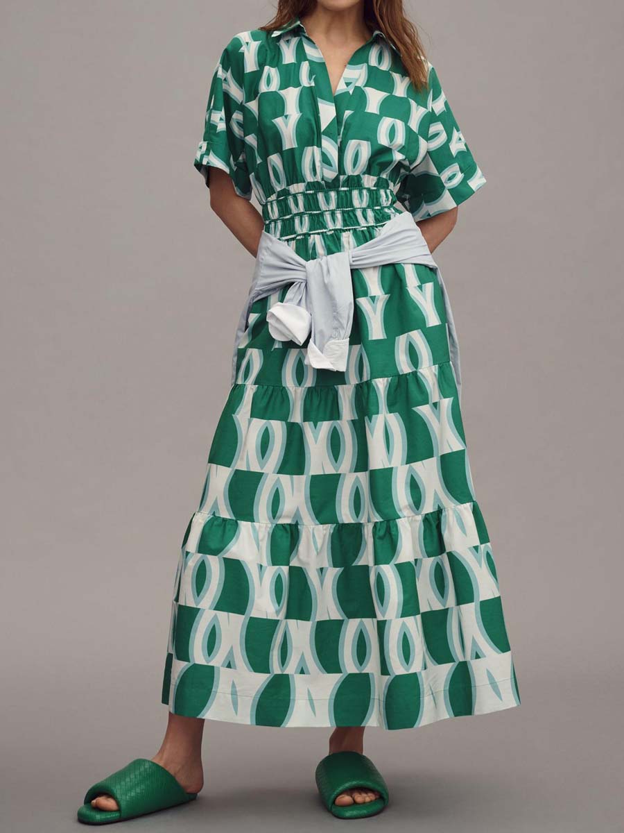 Printed V-neck Smocked Waist Maxi Dress