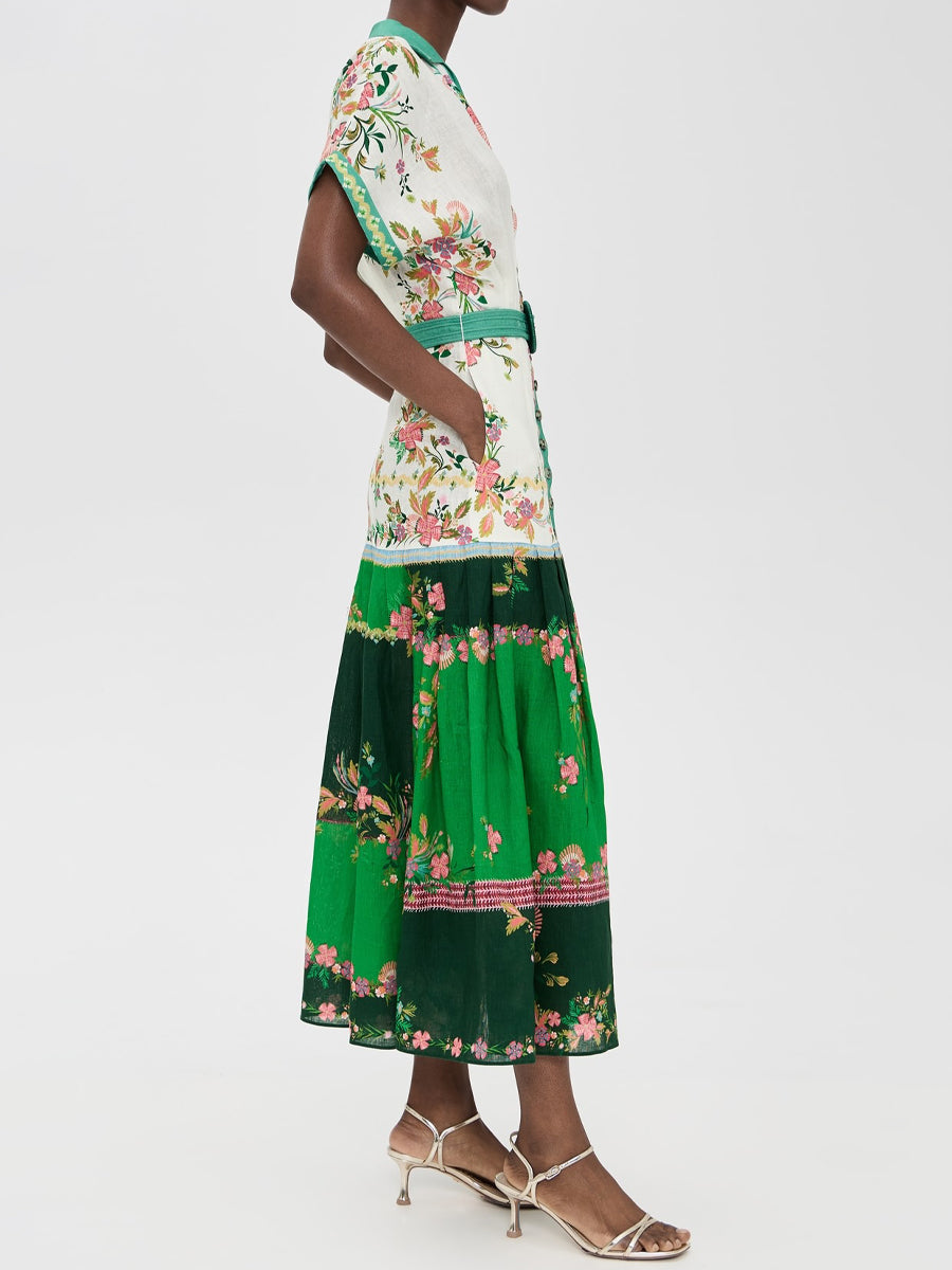 Floral Print Pintucked Waist Maxi Dress