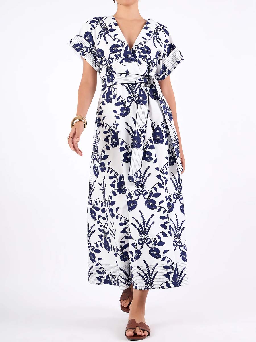 Printed V-neck Belted Maxi Dress