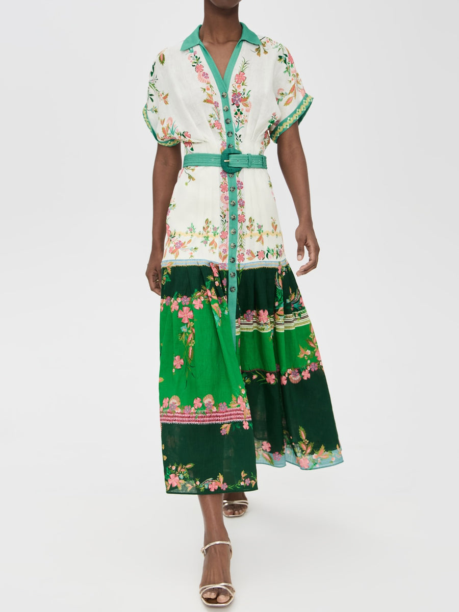 Floral Print Pintucked Waist Maxi Dress