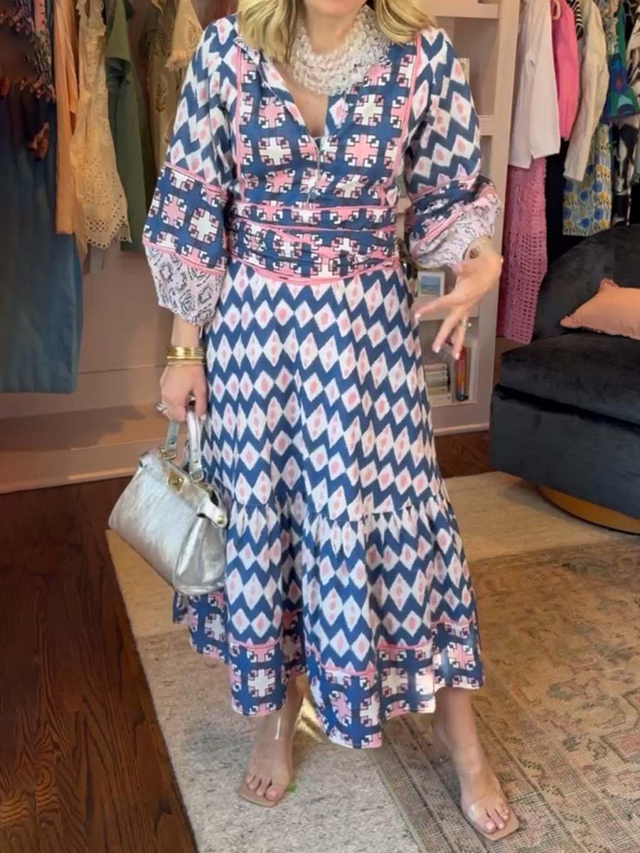 Printed Long Sleeve Belted Maxi Dress