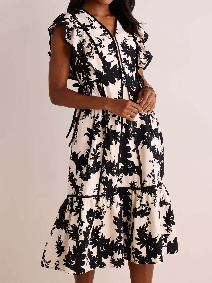 Floral Print V-neck Flutter Sleeve Dress