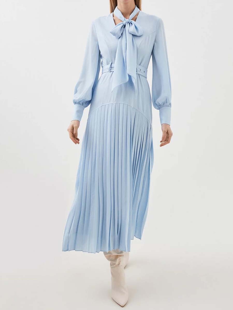 Balloon Sleeve Pleated Patchwork Dress