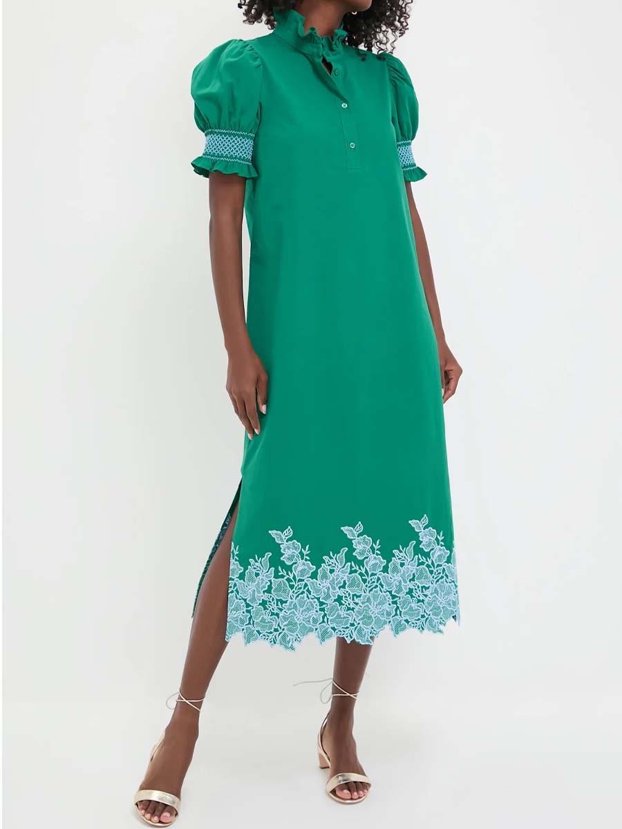 Smocked Ruffle Cuff Embroidery Midi Dress