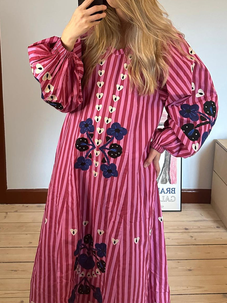 Printed Stripes V Neck Loose Maxi Dress