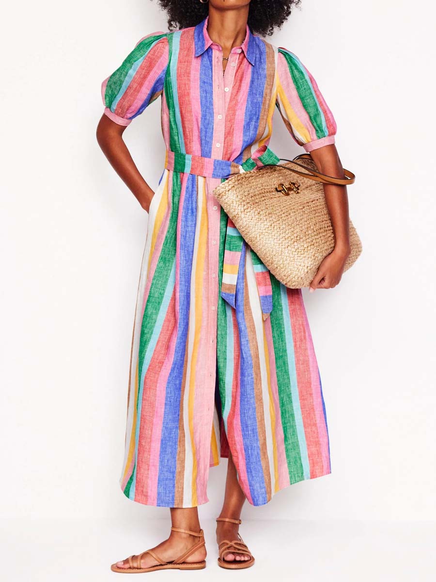 Rainbow Stripe Belted Maxi Dress