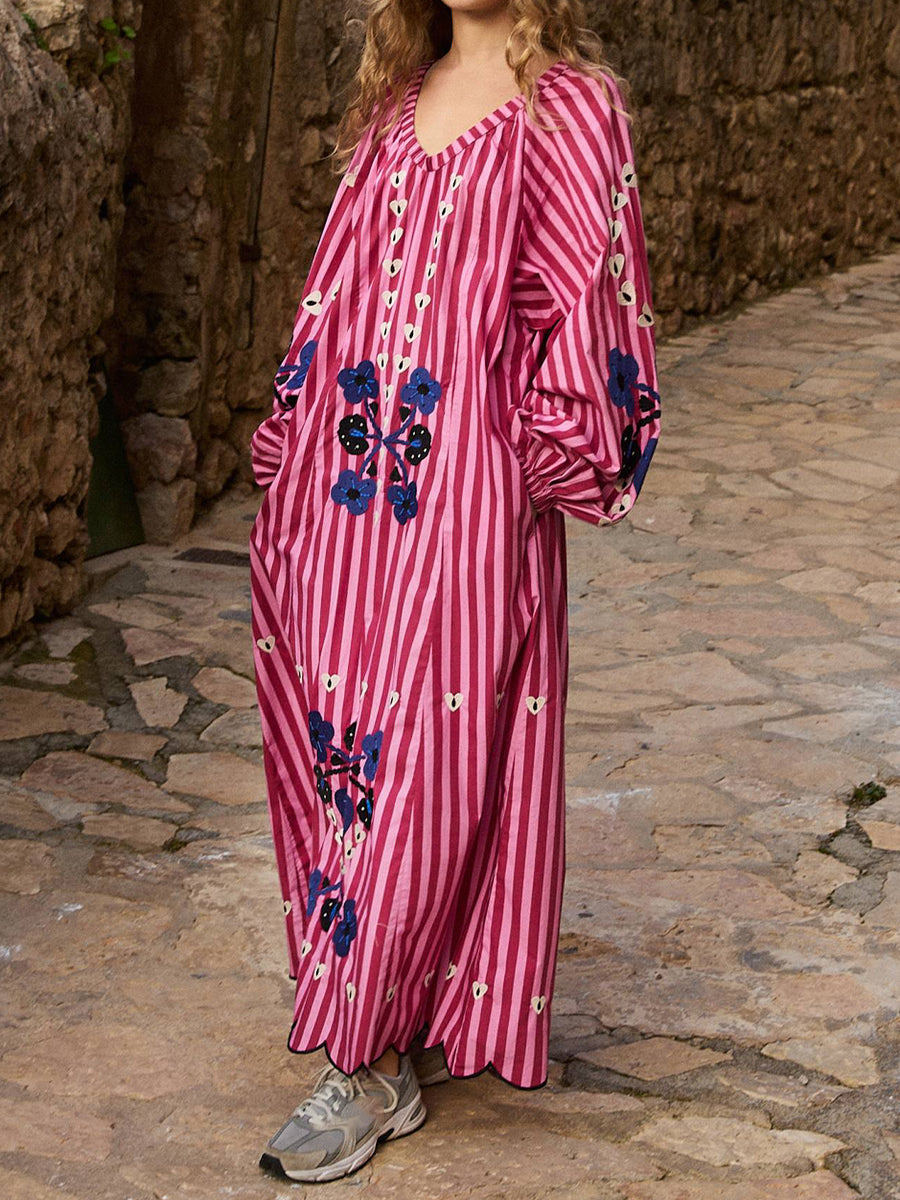 Printed Stripes V Neck Loose Maxi Dress