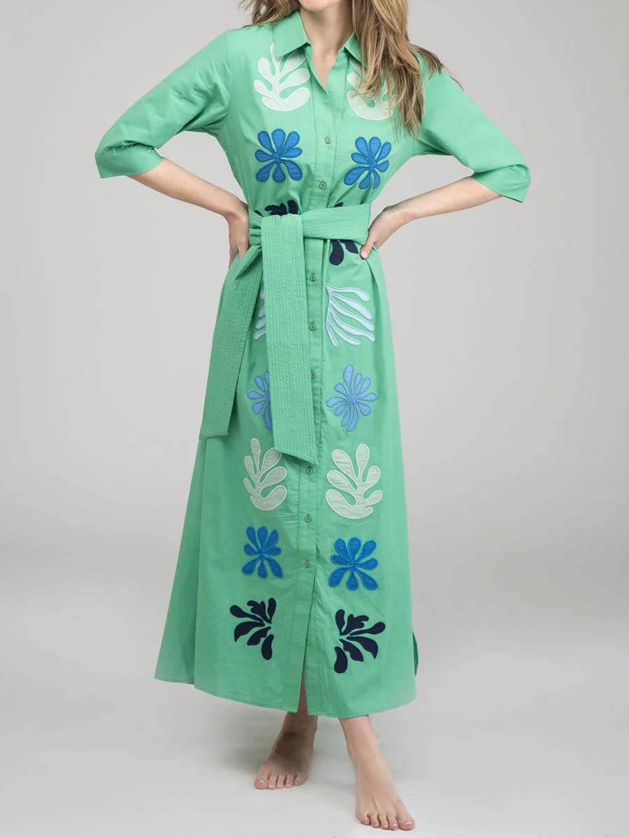 Printed Button Up Belted Dress