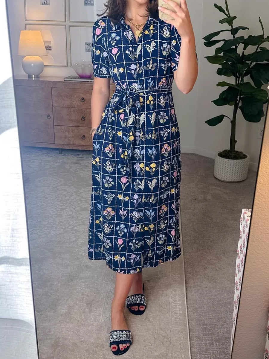 Printed Short Sleeve Belted Shirtdress