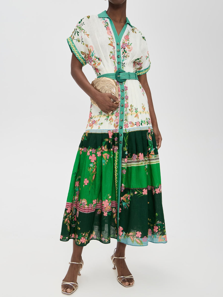Floral Print Pintucked Waist Maxi Dress