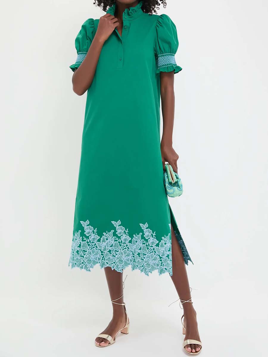 Smocked Ruffle Cuff Embroidery Midi Dress