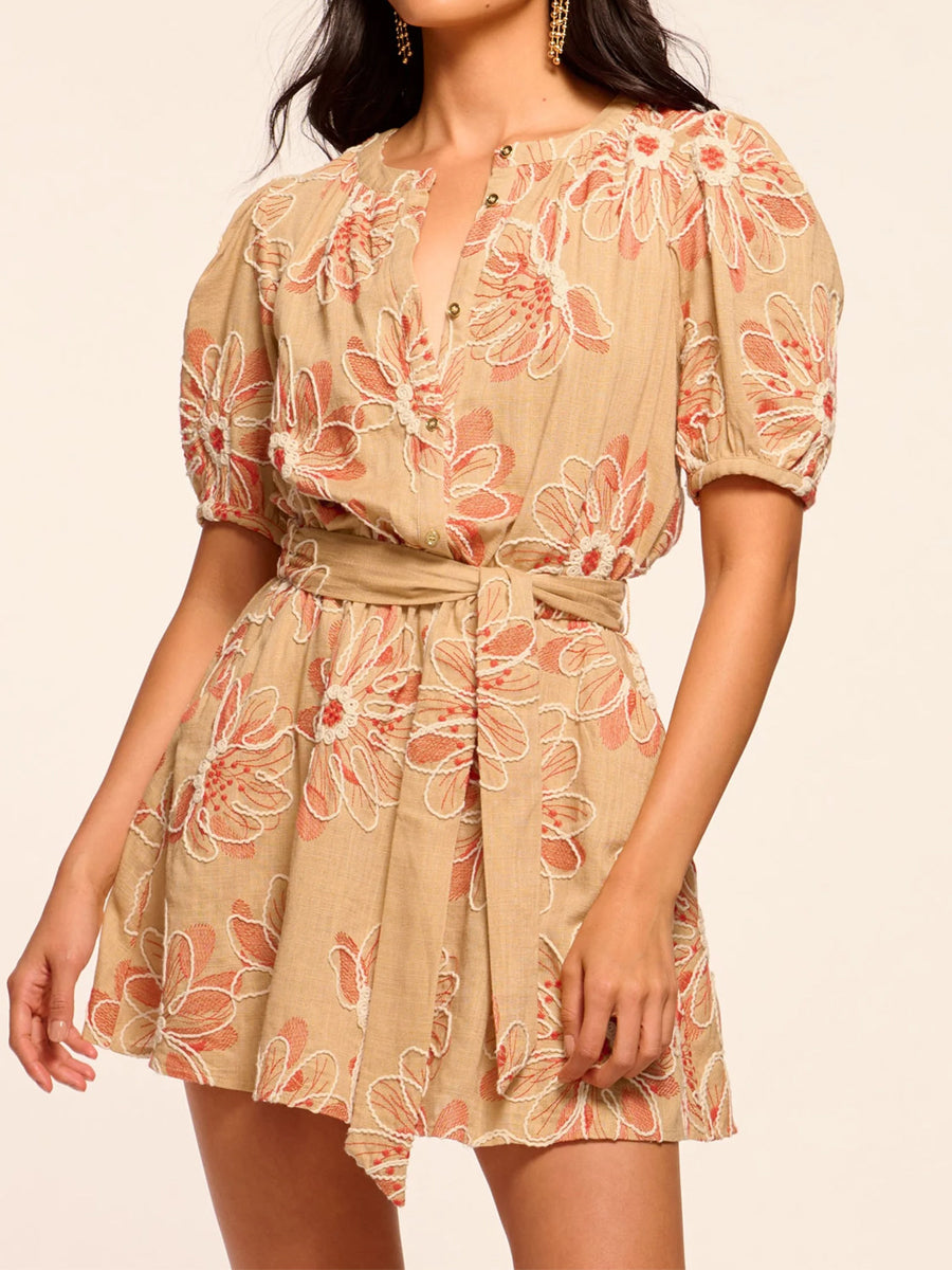 Embroidered Short Sleeve Belted Mini Dress