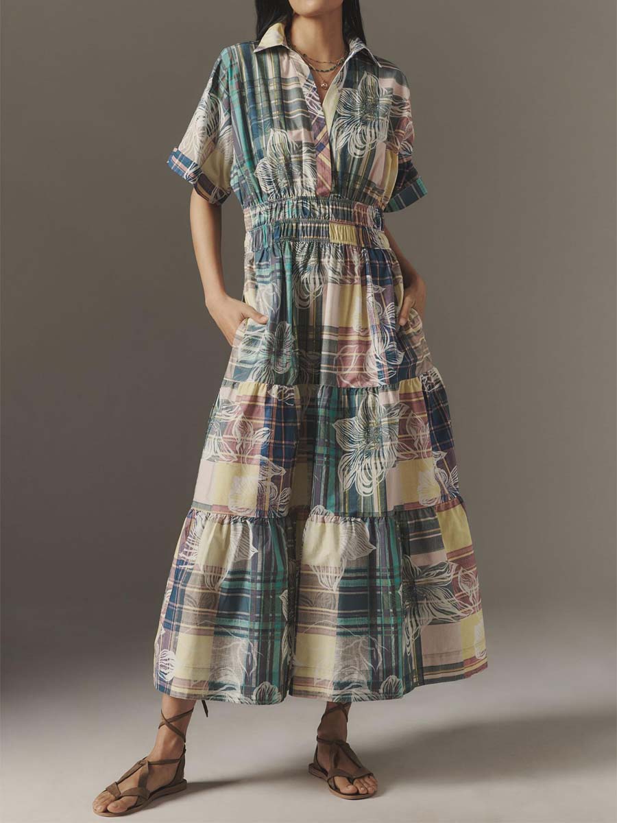 Printed V-neck Smocked Waist Maxi Dress