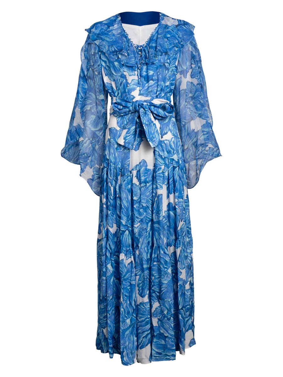 Printed Chiffon Lace Up Neck Maxi Dress