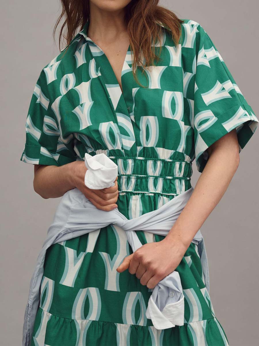 Printed V-neck Smocked Waist Maxi Dress