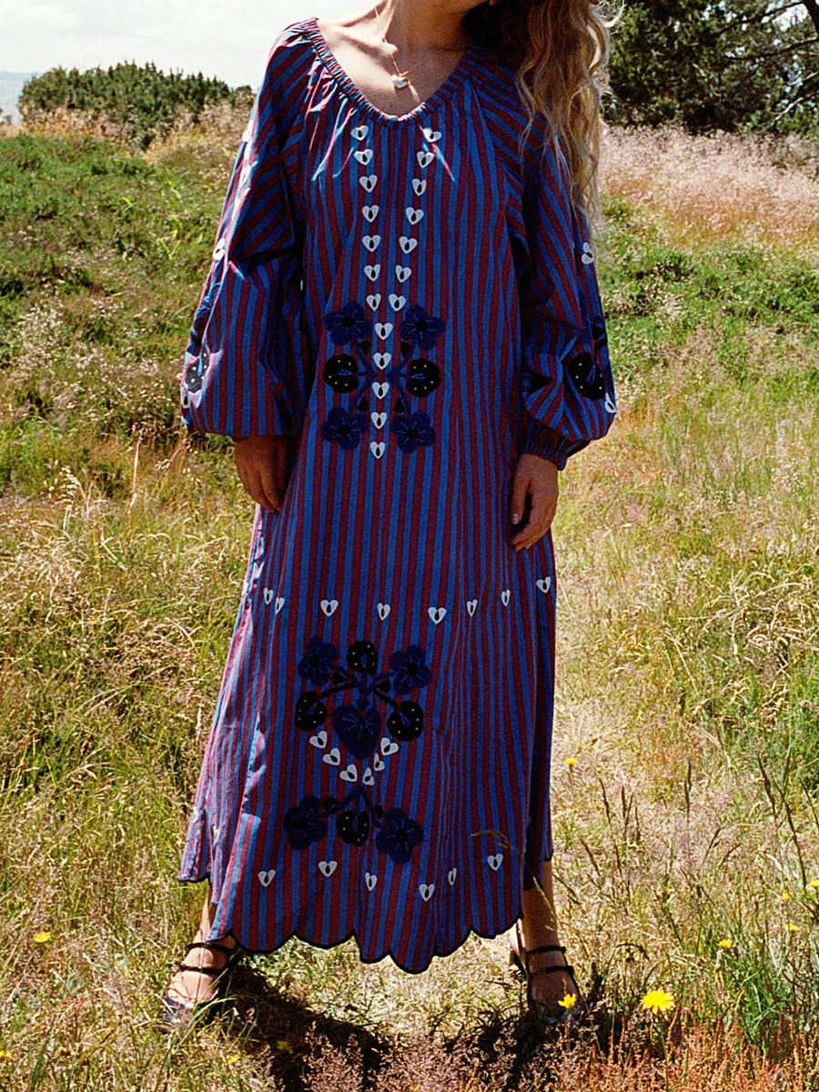 Printed Stripes V Neck Loose Maxi Dress