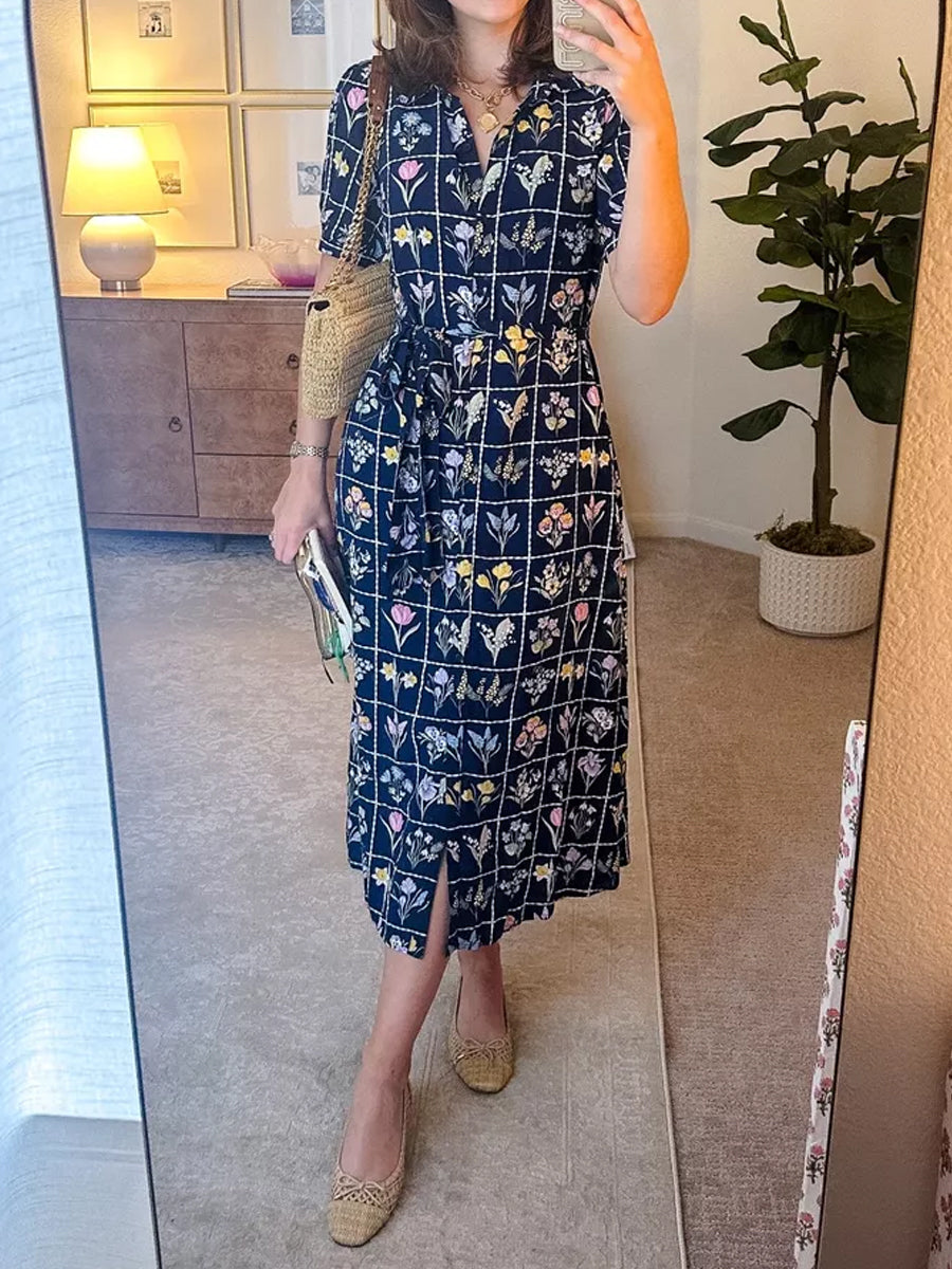 Printed Short Sleeve Belted Shirtdress