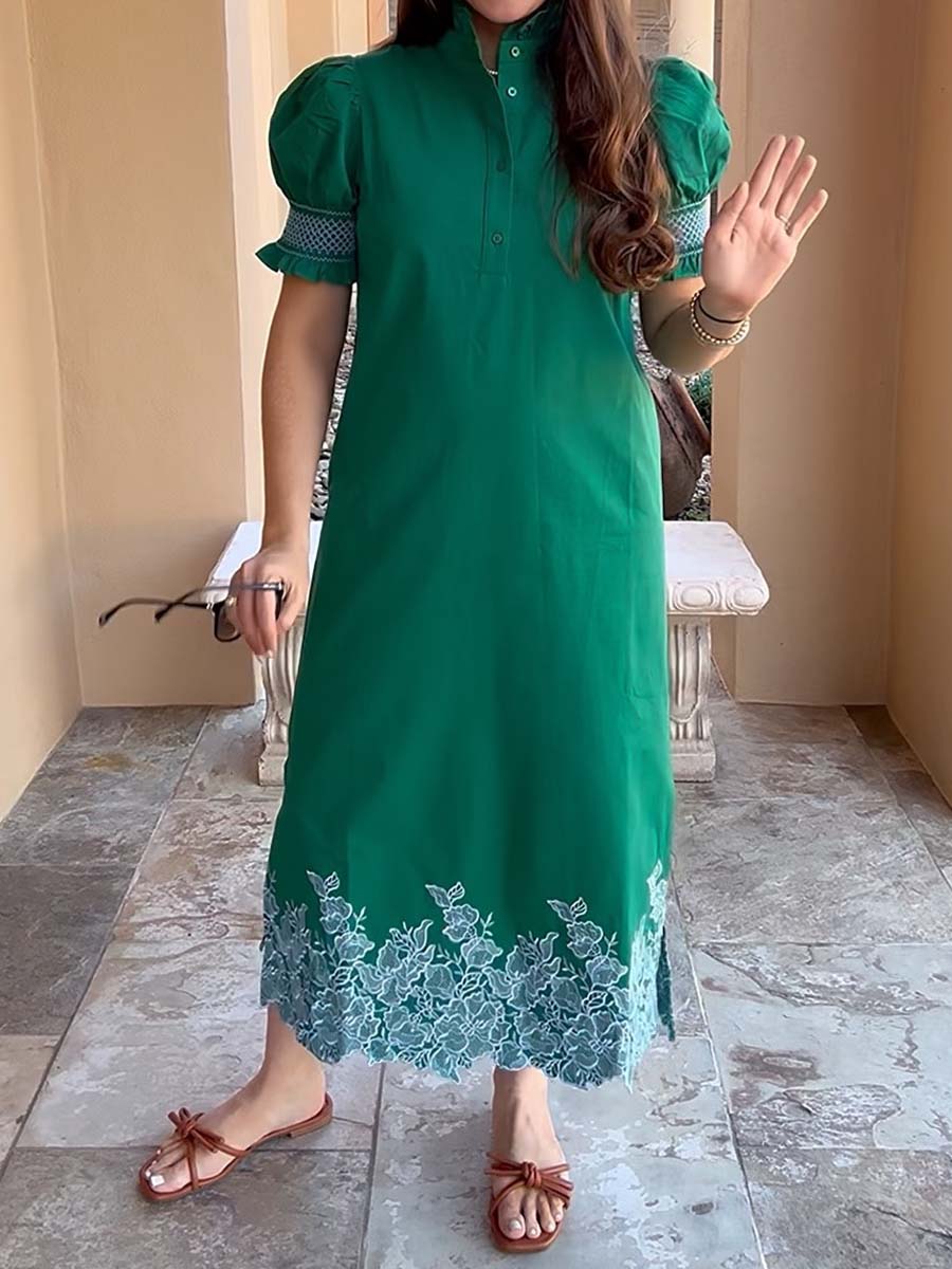 Smocked Ruffle Cuff Embroidery Midi Dress