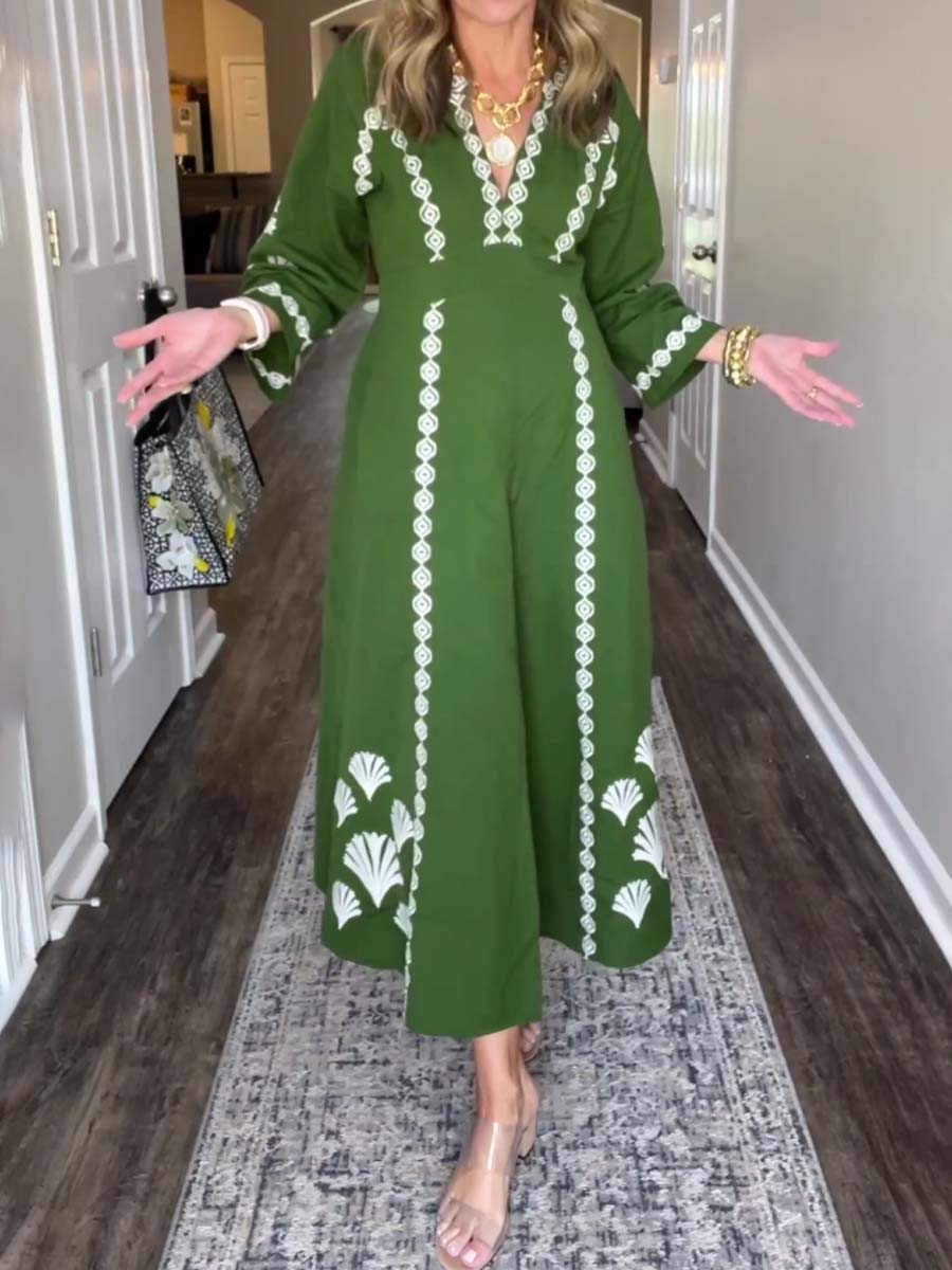 Placement Print V Neck Loose Dress