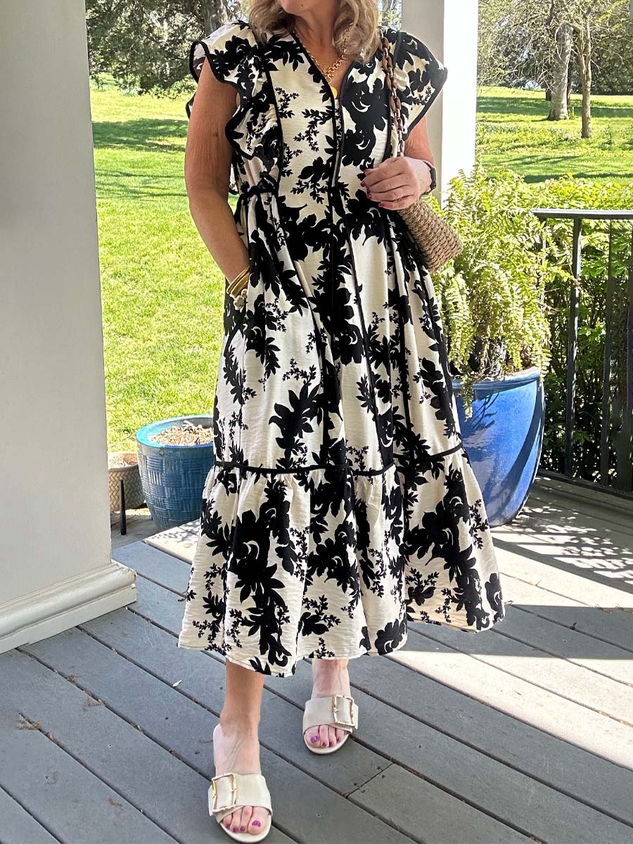 Floral Print V-neck Flutter Sleeve Dress