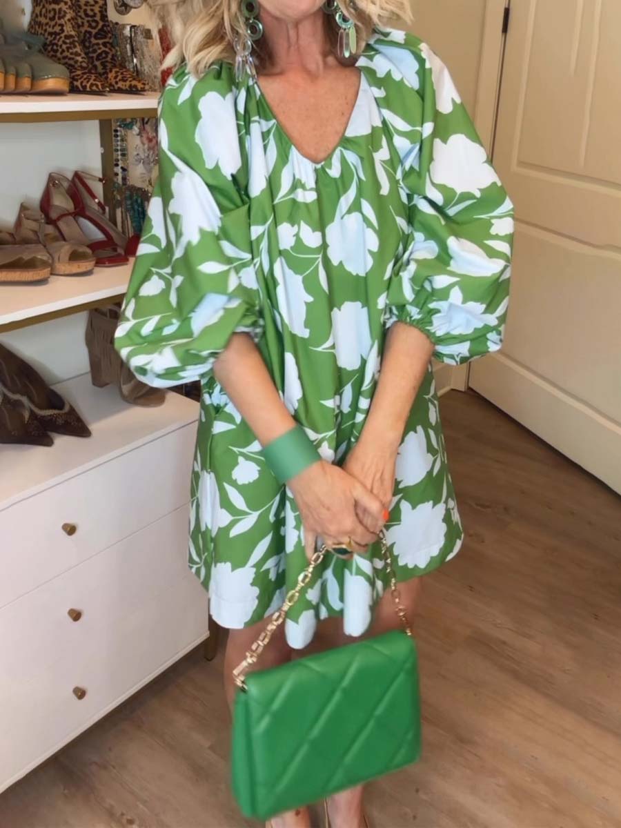 Printed V Neck Long Sleeve Mini Dress