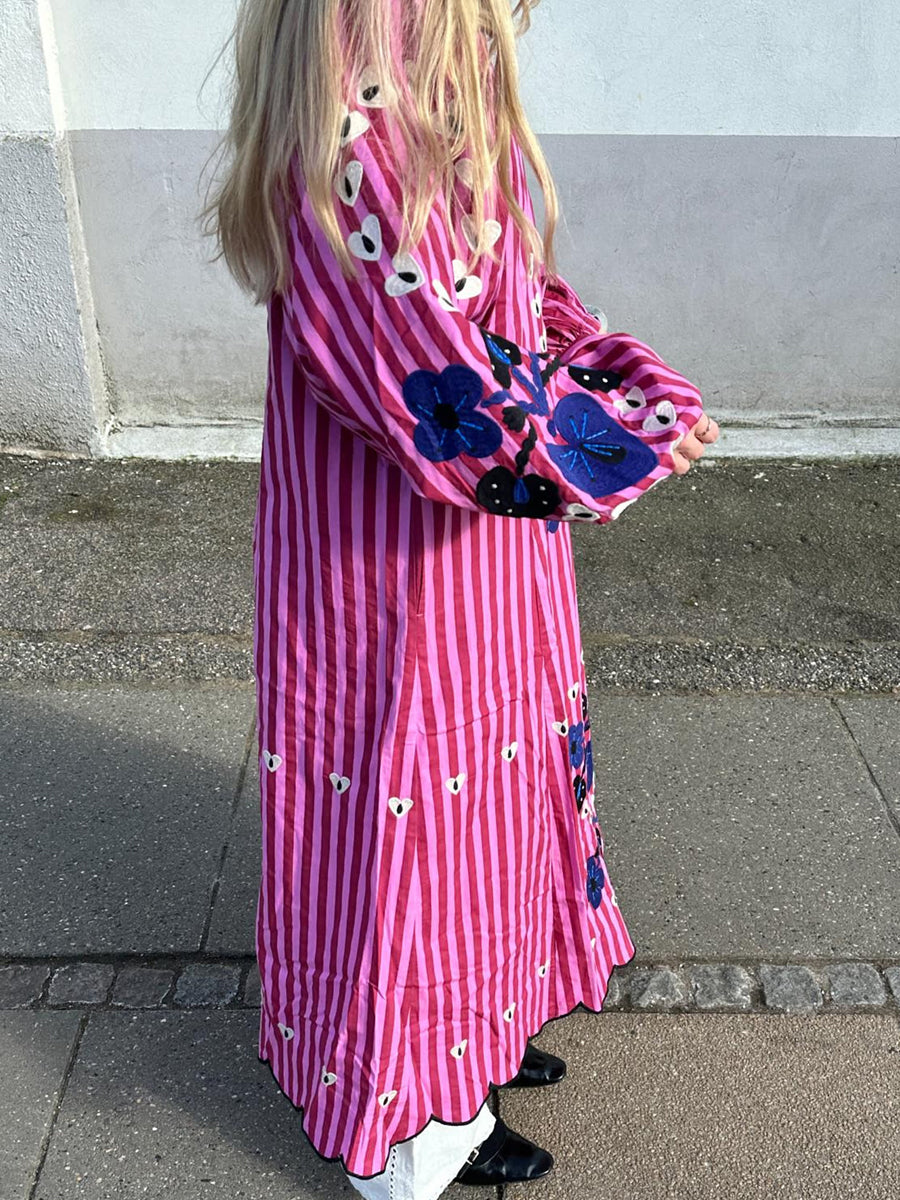 Printed Stripes V Neck Loose Maxi Dress