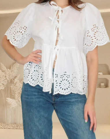 Eyelet Lace-Up Puff Sleeve Top