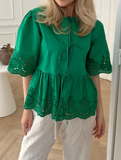 Eyelet Lace-Up Puff Sleeve Top
