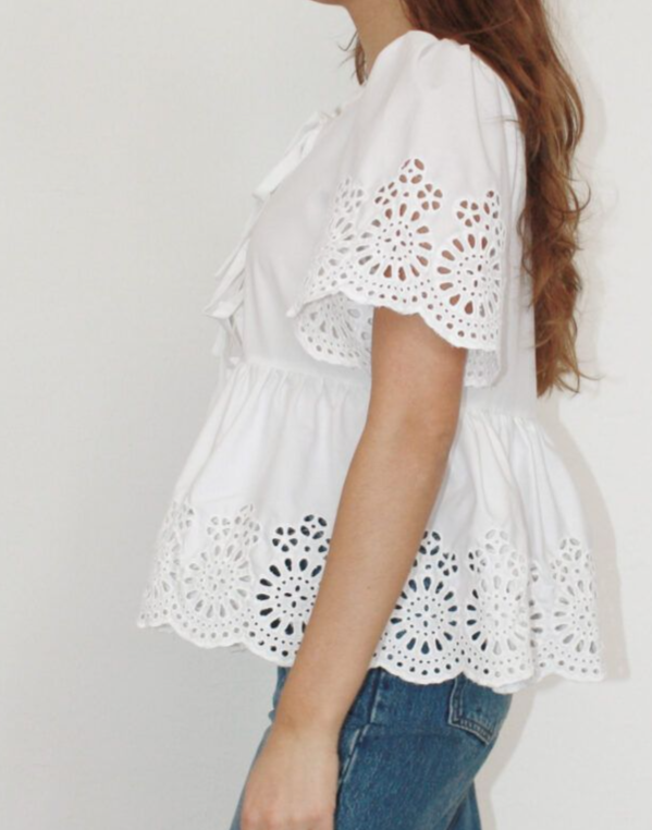 Eyelet Lace-Up Puff Sleeve Top