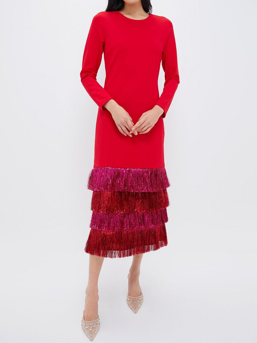 Fringe Patchwork Long Sleeve Maxi Dress