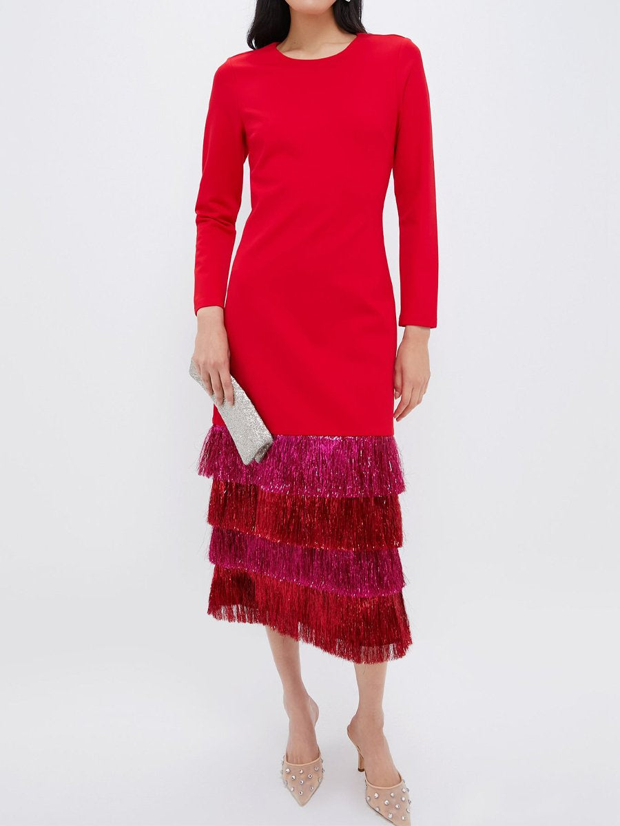 Fringe Patchwork Long Sleeve Maxi Dress